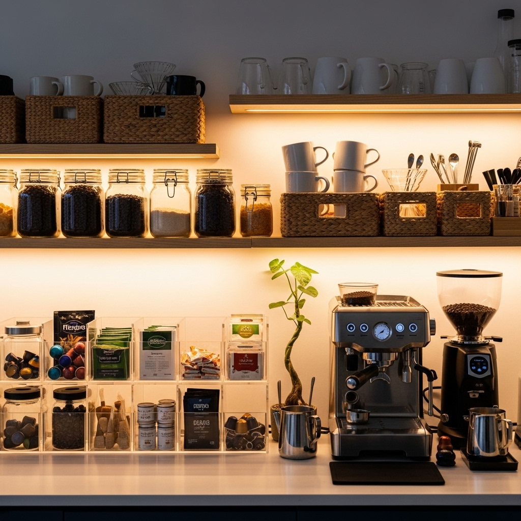 Coffee bar organization ideas for clean and tidy setup