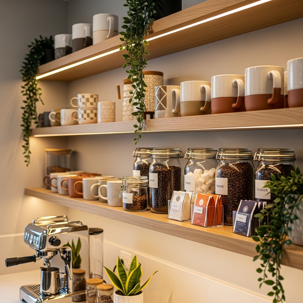 Styled coffee bar shelves with mugs and decor