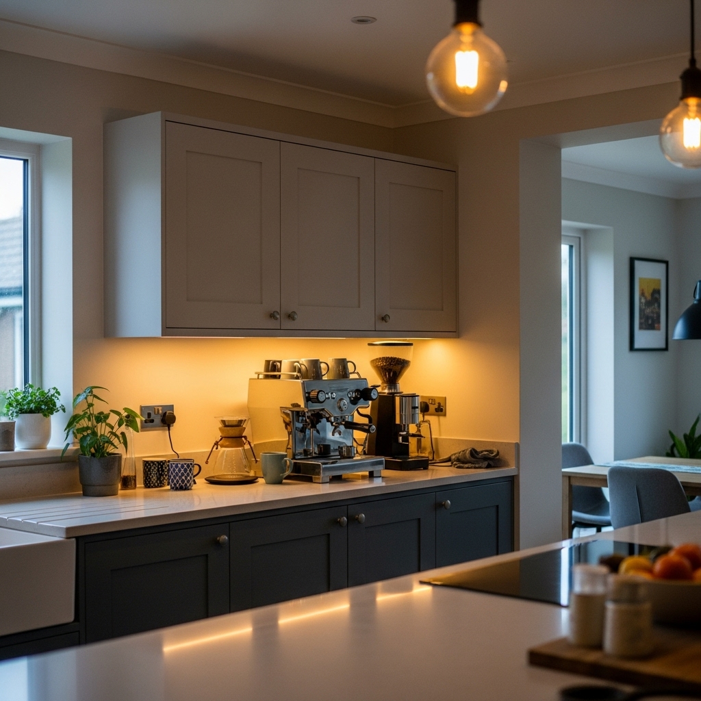 Kitchen coffee bar with stylish under-cabinet lighting