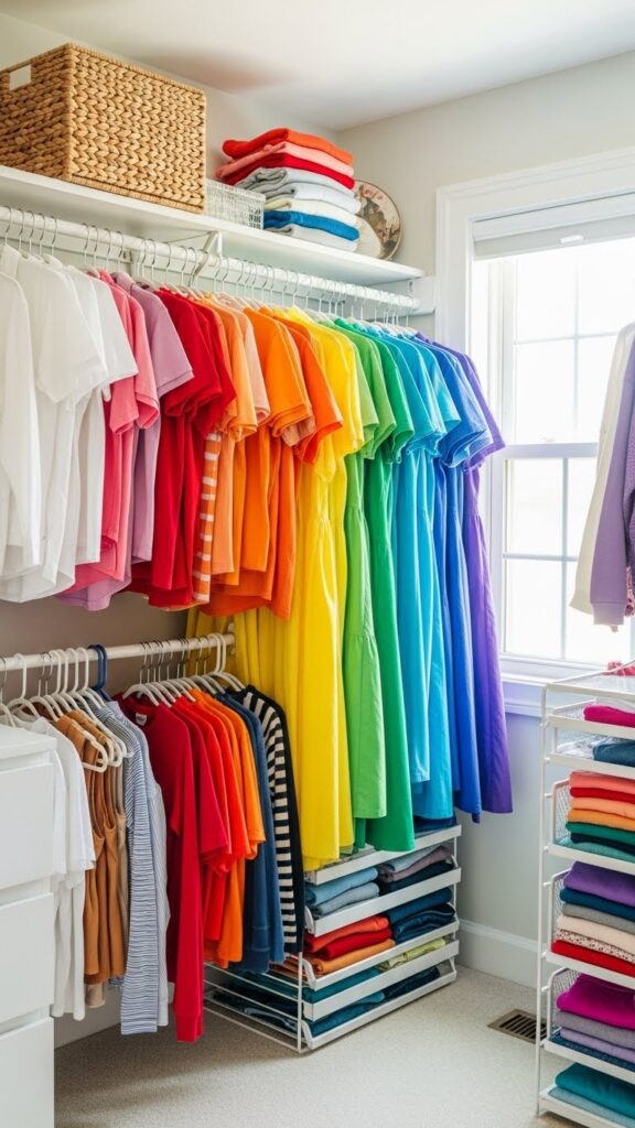 Rainbow color-coded kids closet with clothes organized from light to dark creating visual organization system