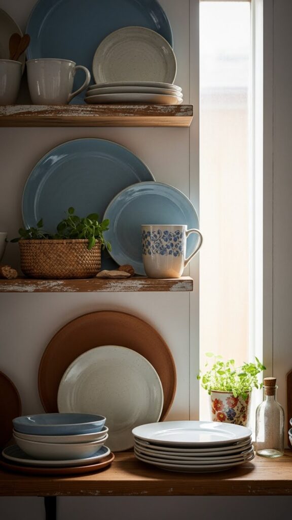 Colorful ceramic dishware on open shelves in earthy cottage decor.
