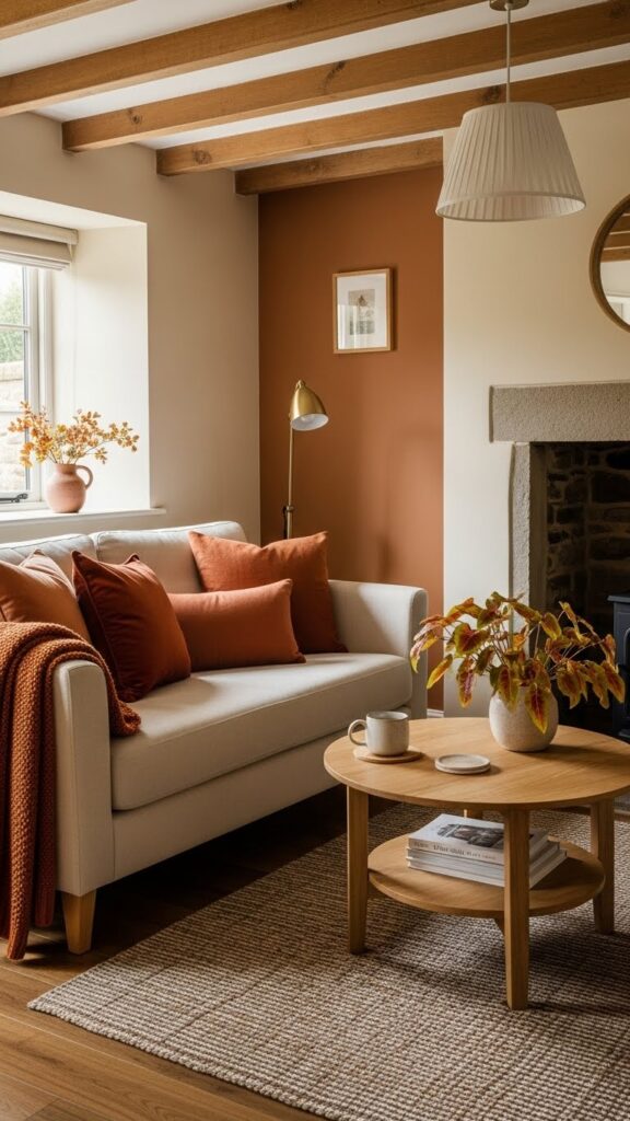 Compact cottage furniture styled with warm earthy color contrast.