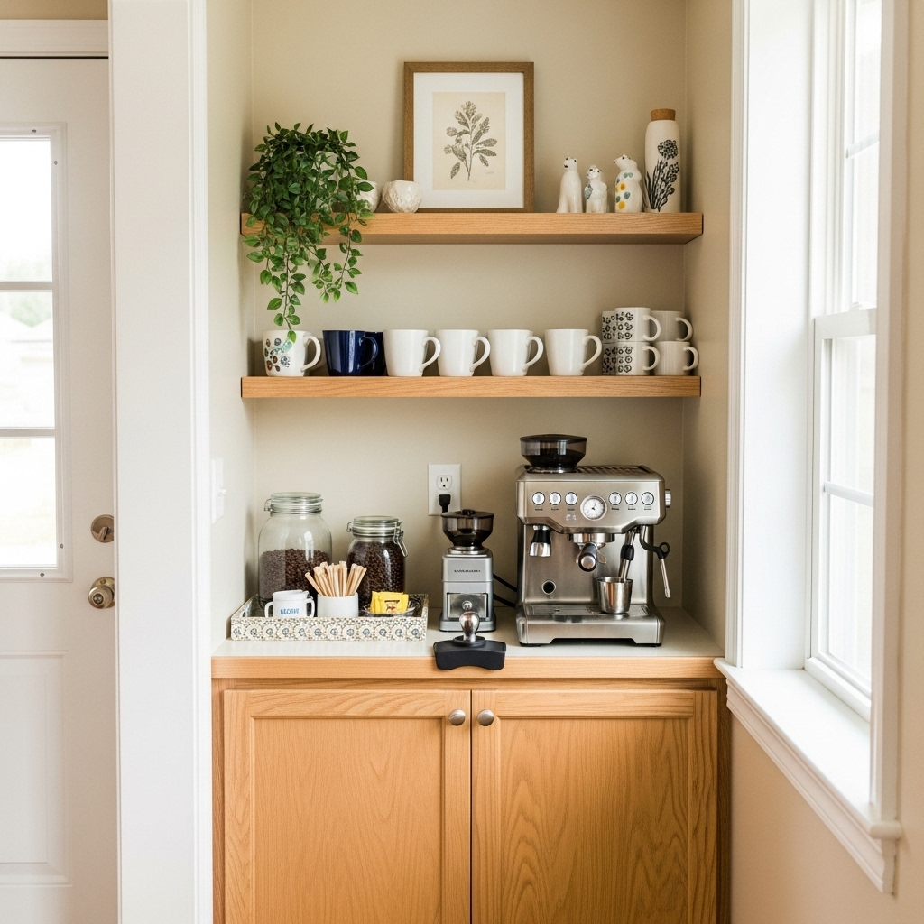 Corner coffee bar setup for small spaces
