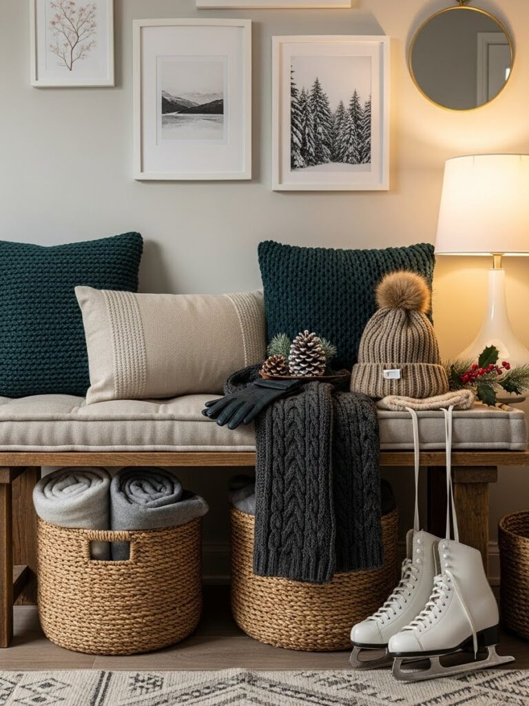 cozy winter entryway bench decor ideas