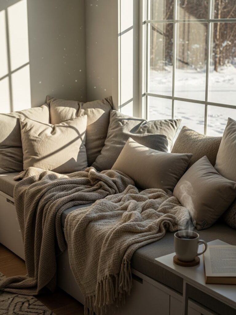 cozy winter window nook with layered cushions and blankets