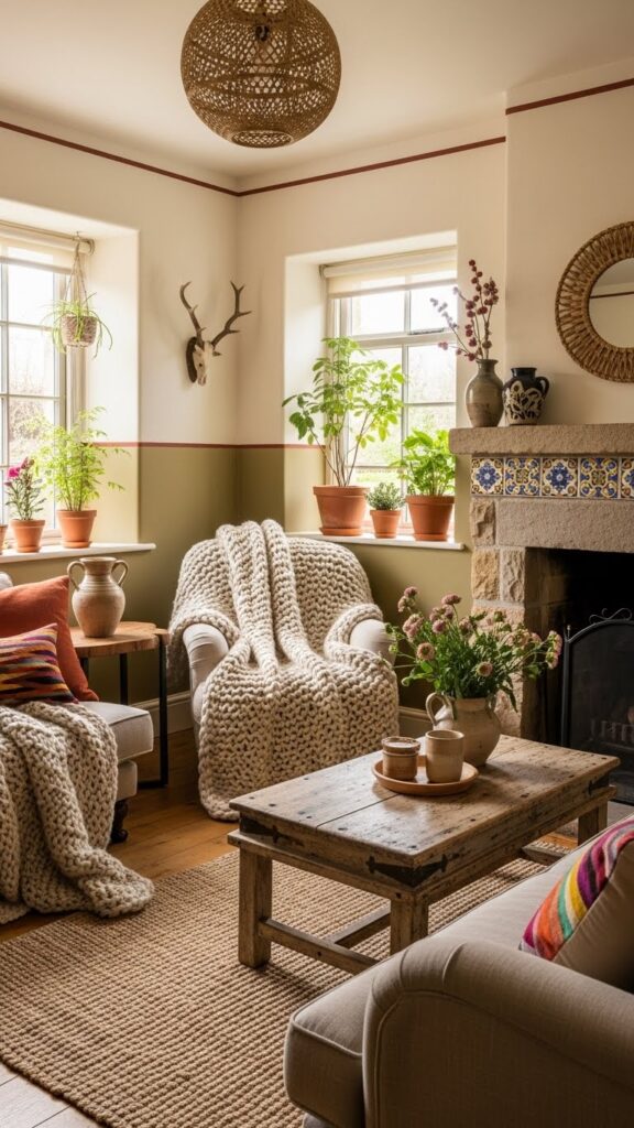 Decluttered small home styled in colorful earthy cottage decor.