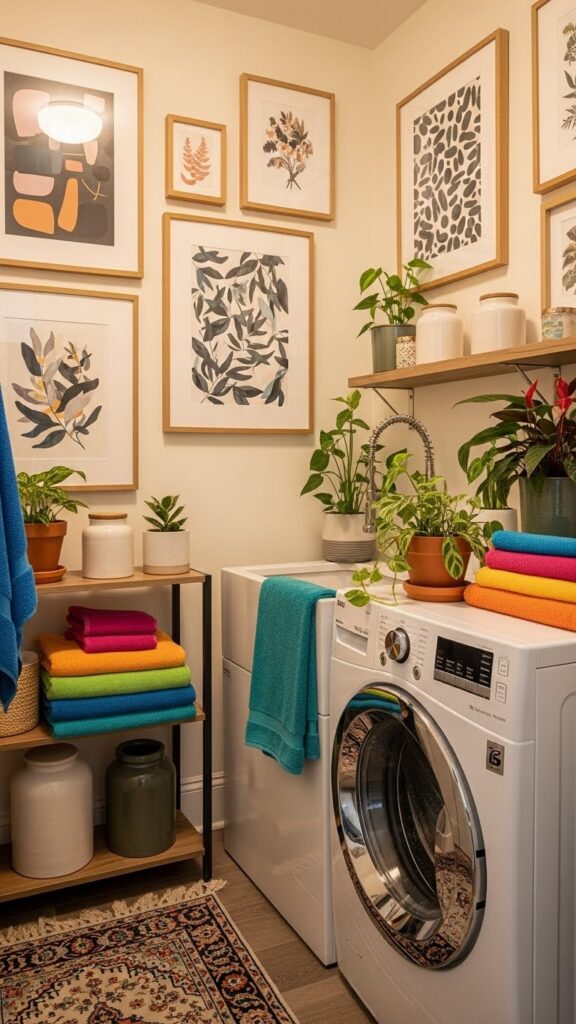 Laundry room ideas with small decorative accents and plants