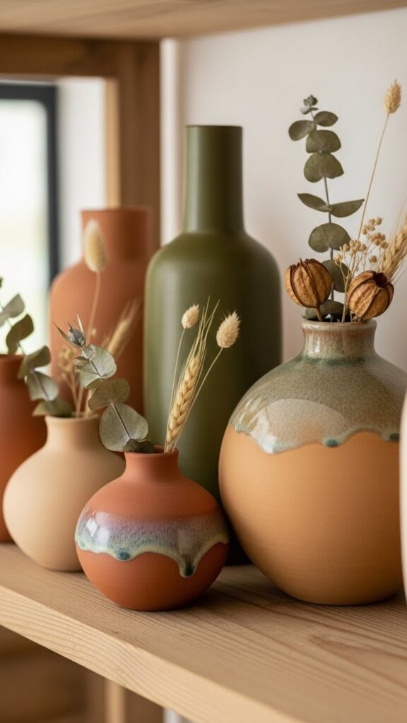 Colorful earthy ceramic decor styled in a cottage interior.