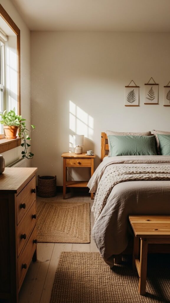 Colorful earthy cottage bedroom with clay and sage tones.