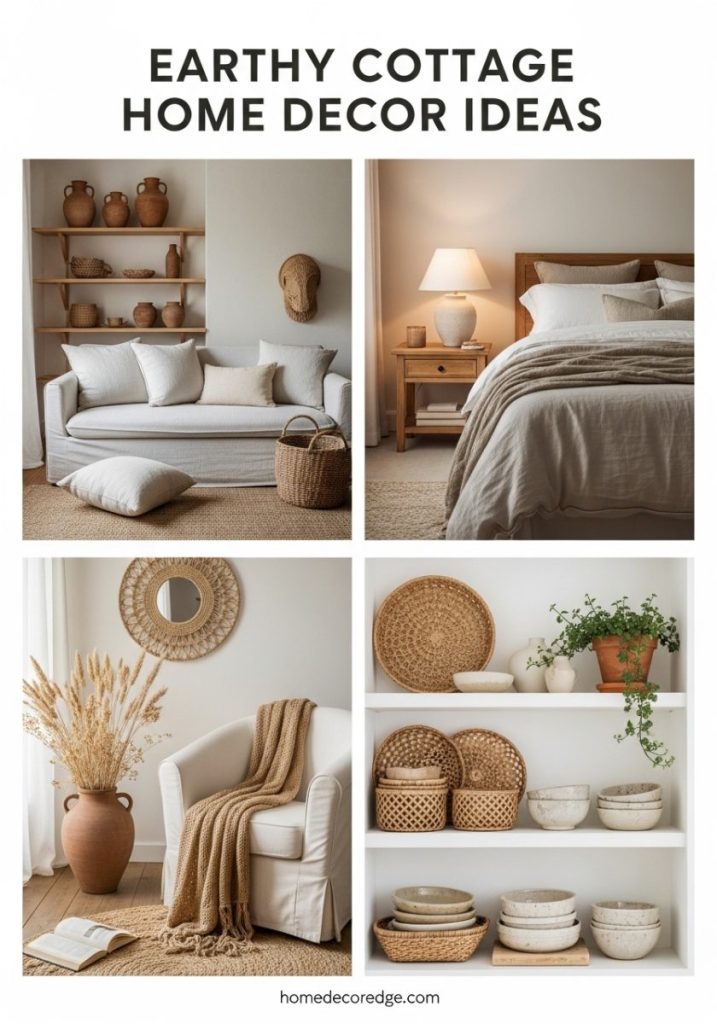 Earthy cottage home decor ideas for small homes featuring cozy living room bedroom reading corner and open shelf styling with natural wood linen and clay accents