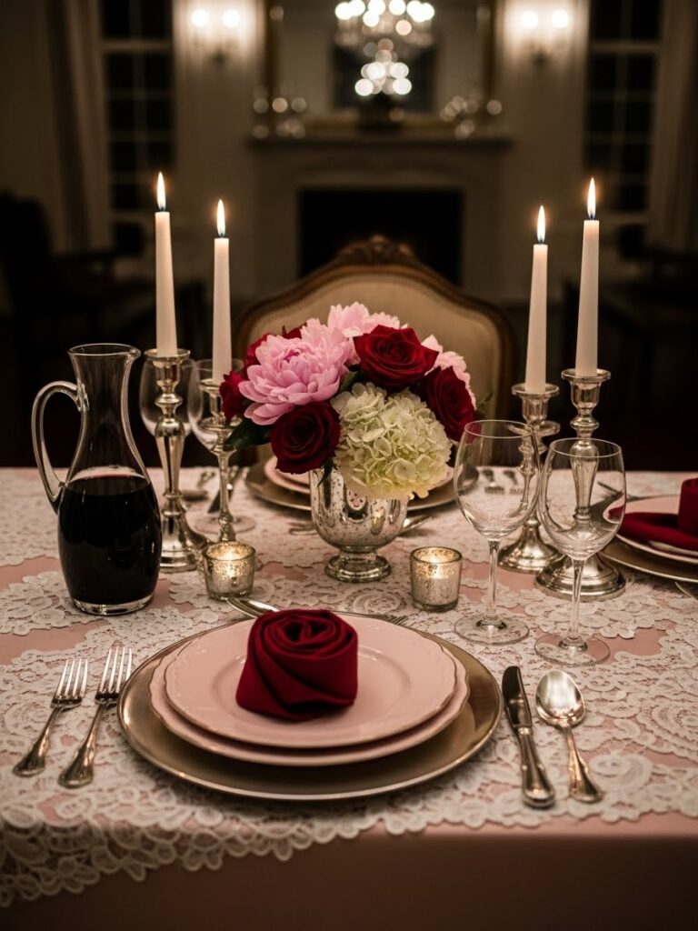 Elegant Valentine table setting with pink and wine red accents