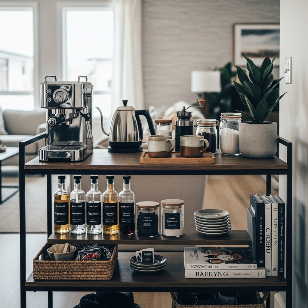 Everyday coffee bar cart with organized layout