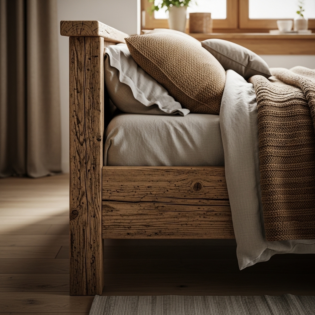 Distressed wood bed frame in farmhouse bedroom