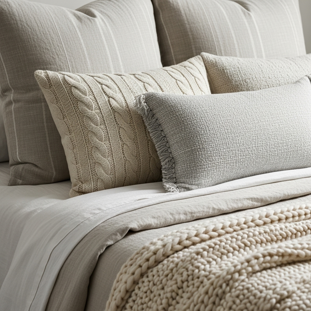 Layered farmhouse bedding with neutral tones