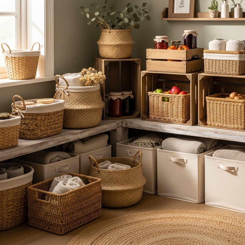 Storage baskets and crates in farmhouse bedroom