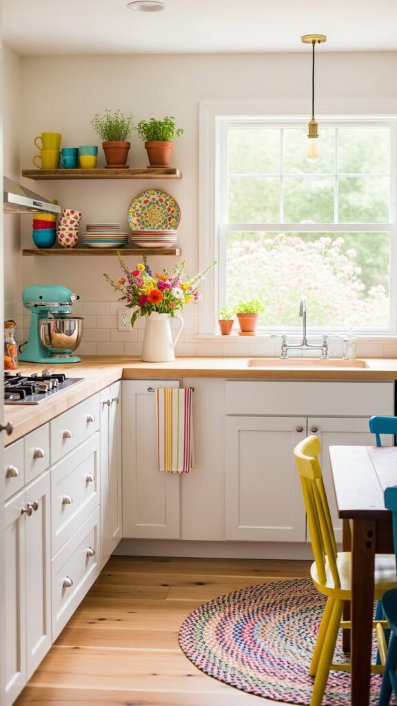 Small farmhouse style kitchen with open shelving