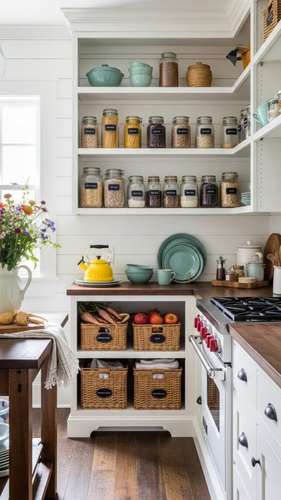 Farmhouse kitchen pantry storage with baskets and jars