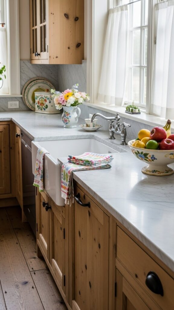 Farmhouse kitchen with marble countertop and wood cabinets