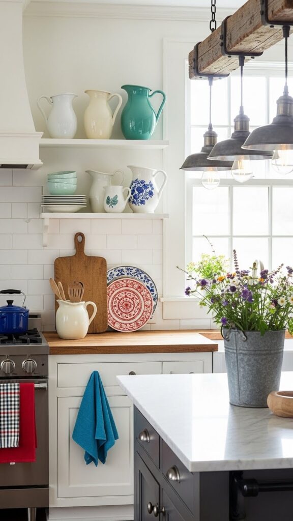 Vintage farmhouse kitchen decor with colorful accents