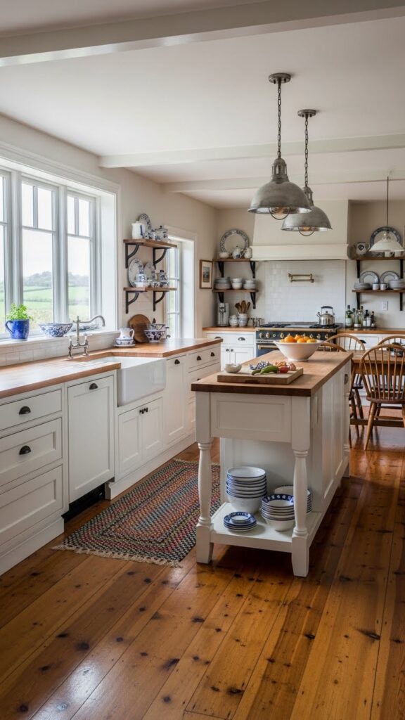 Farmhouse kitchen with wood flooring and cozy decor