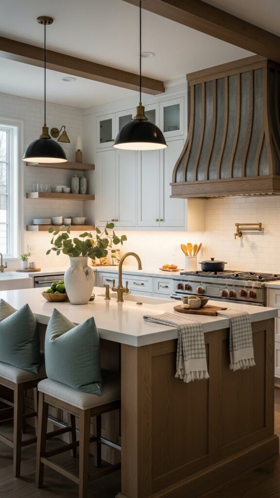 Farmhouse kitchen with statement range hood