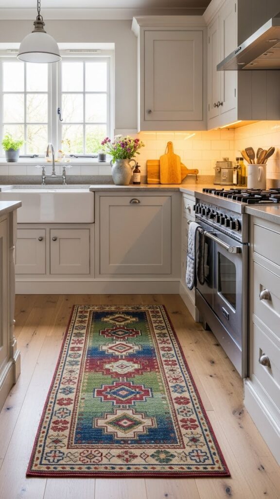 Farmhouse kitchen with colorful runner rug