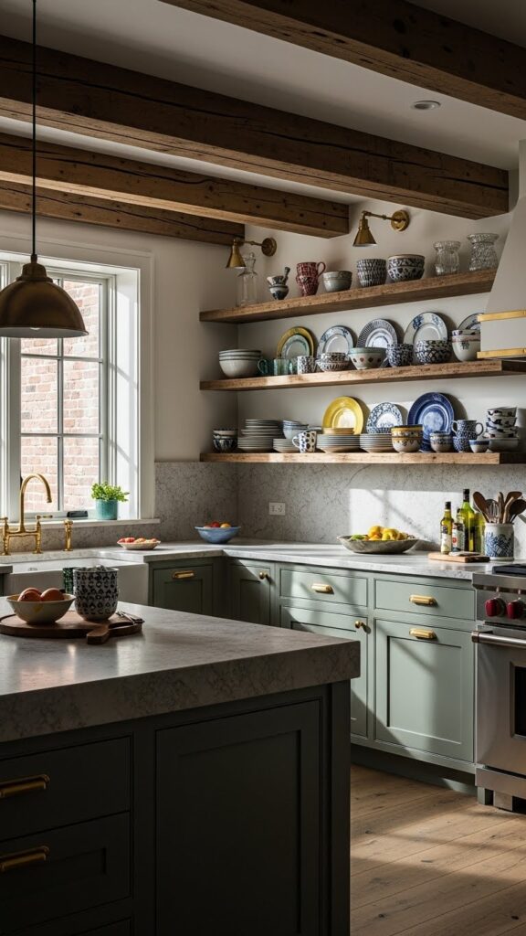 Farmhouse kitchen with wood beams and sage green cabinets