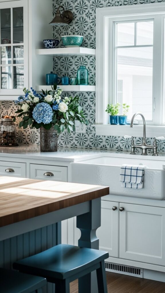 Farmhouse kitchen with apron front sink and colorful decor