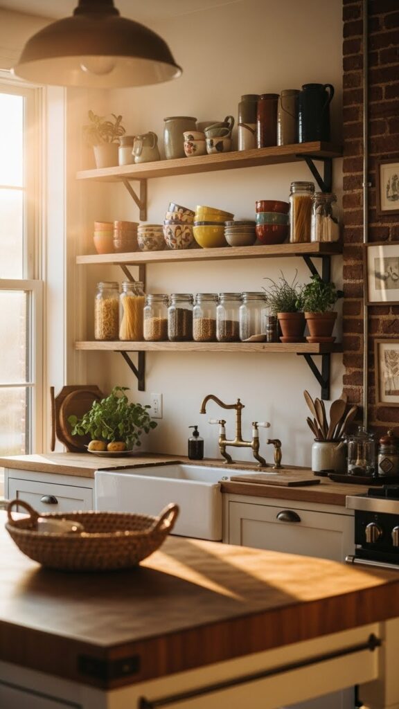 Open shelf farmhouse kitchen with colorful ceramics