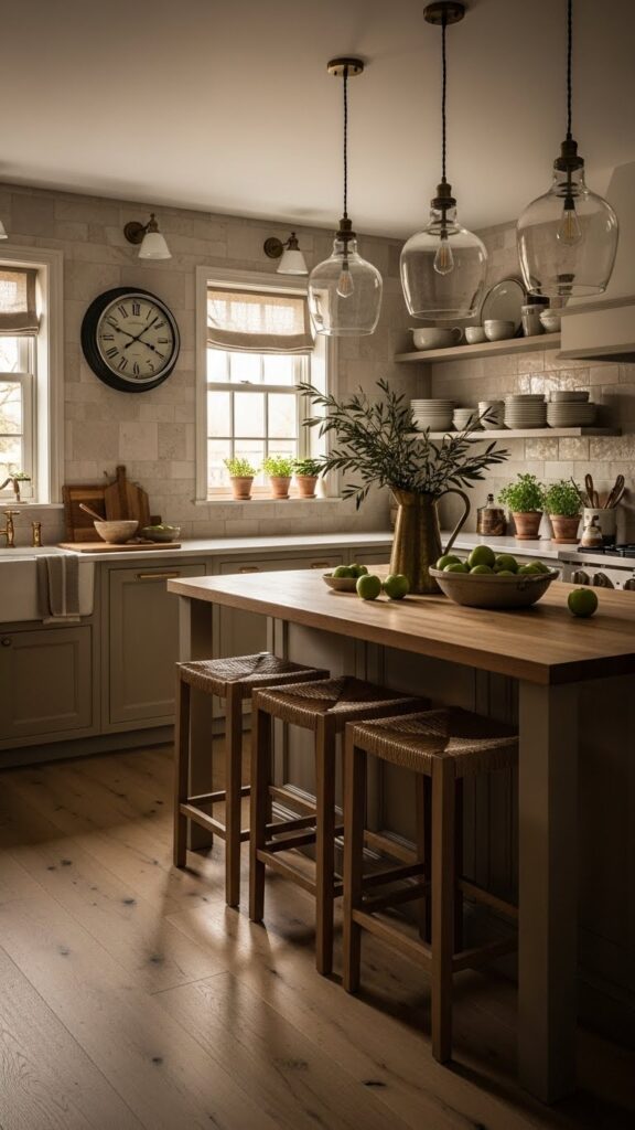 Neutral farmhouse kitchen with soft green accents