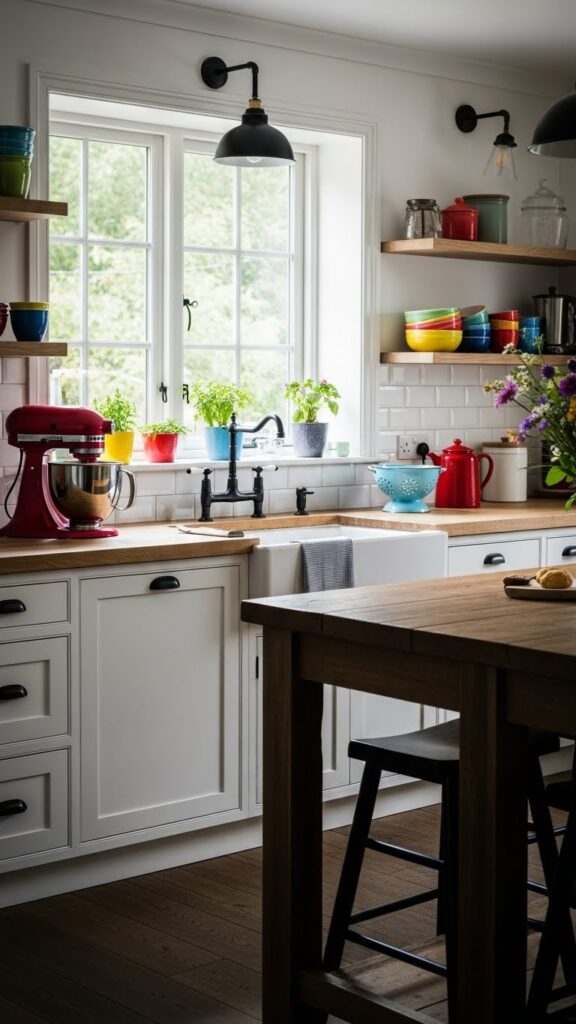 Farmhouse kitchen with black hardware and wood countertops