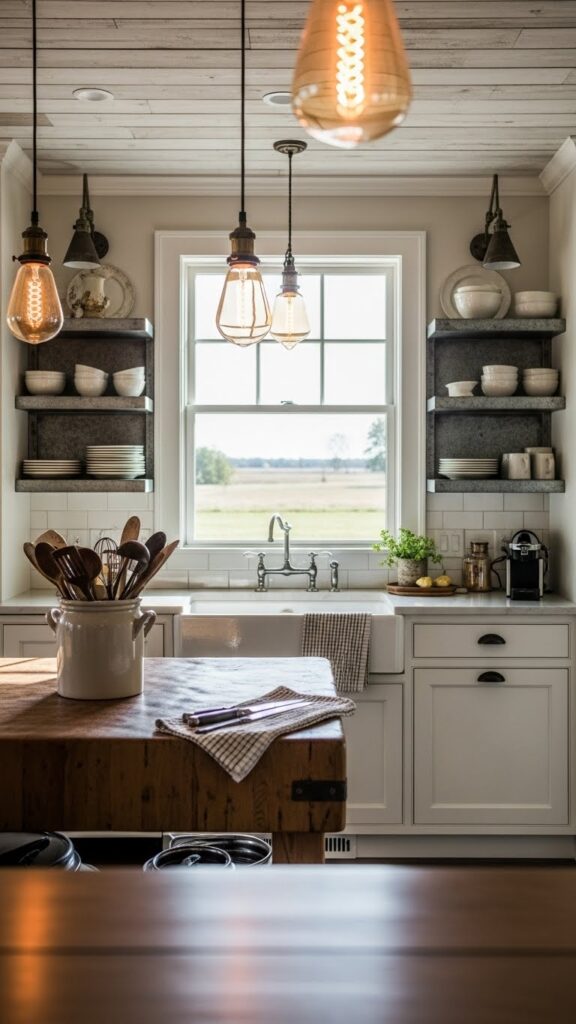 Farmhouse kitchen with vintage pendant lighting