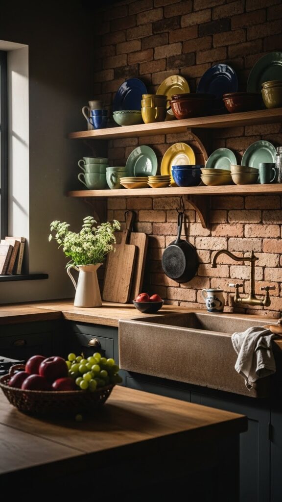 Rustic farmhouse kitchen with brick backsplash