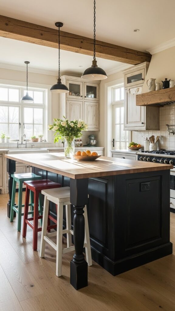 Farmhouse kitchen island with seating and warm colors