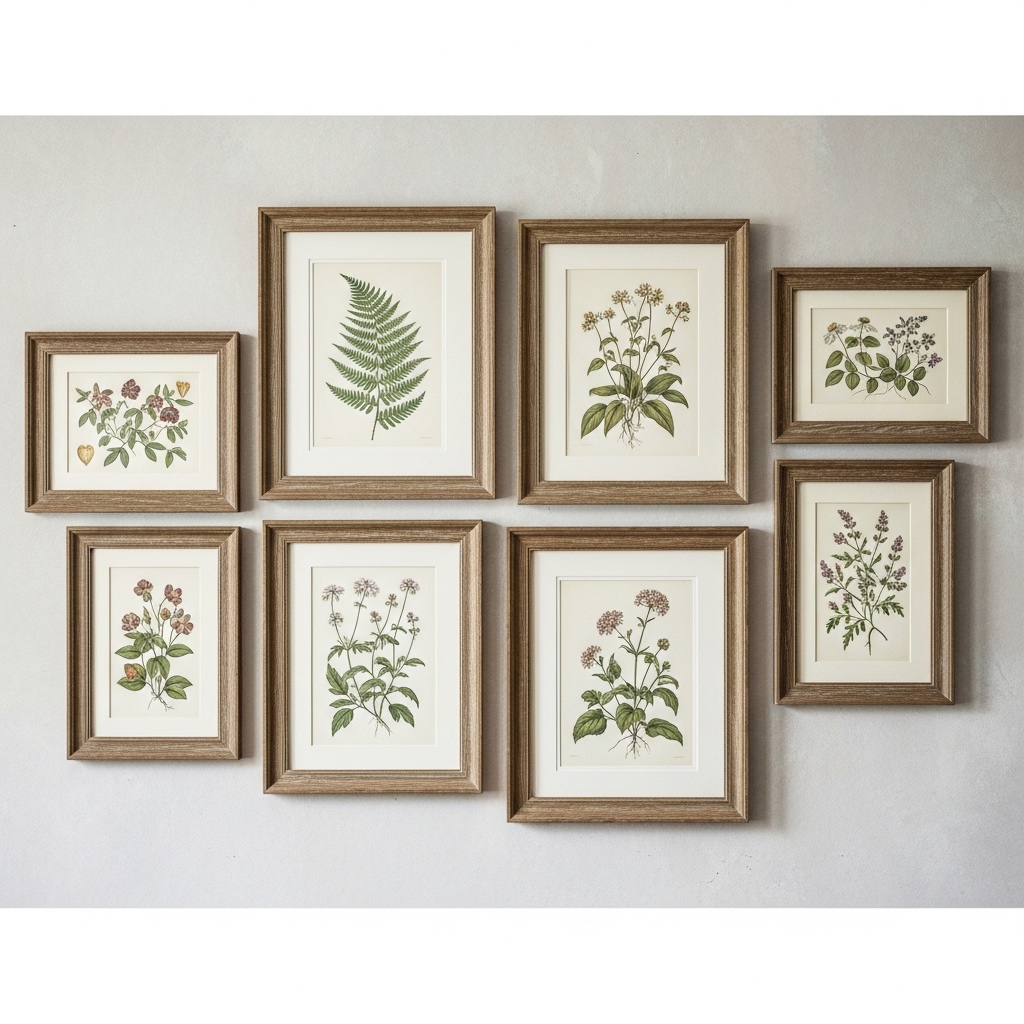 Botanical wall art in farmhouse bedroom