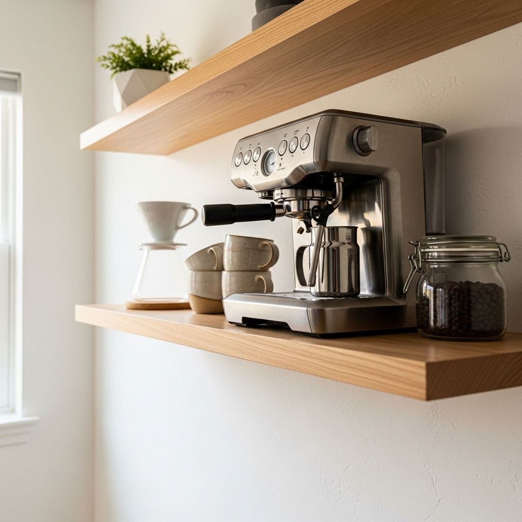 Floating shelf coffee station with minimalist design
