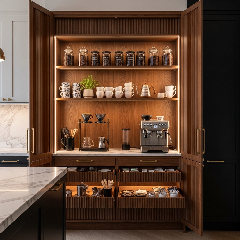 Floor-to-ceiling coffee bar cabinet in modern home