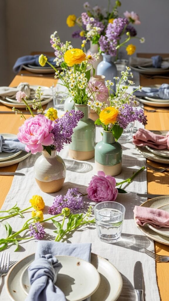 Fun natural table setting decorated with seasonal flowers