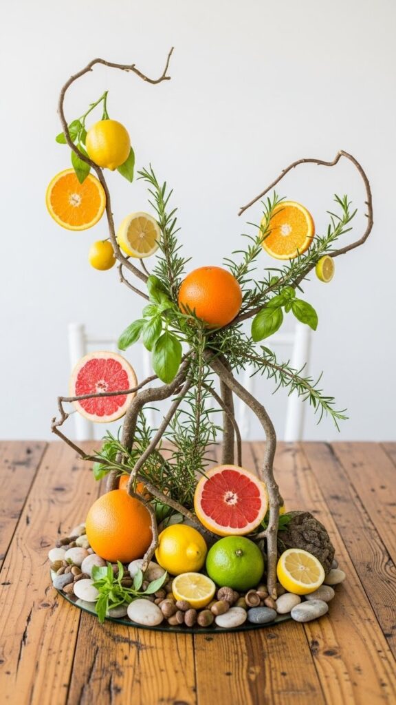 Fun natural table setting using branches, fruit, and herbs