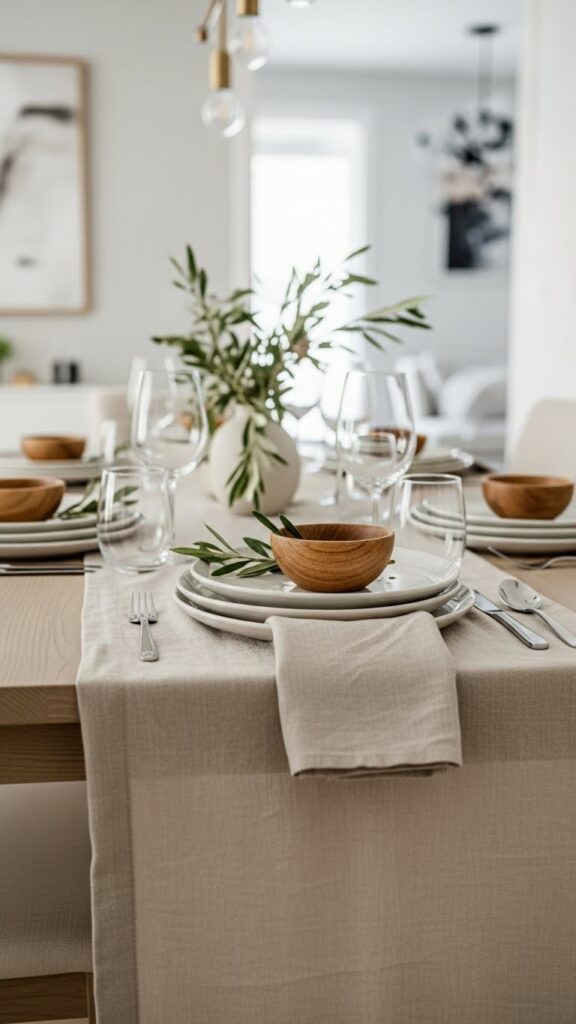 Casual natural table setting with neutral colors and soft textures