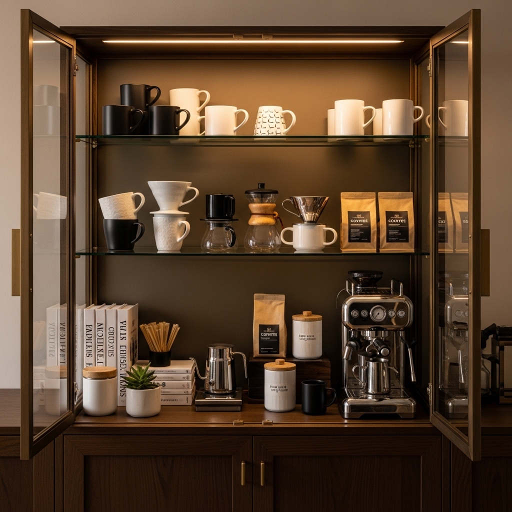 Glass-front coffee bar cabinet with mugs display