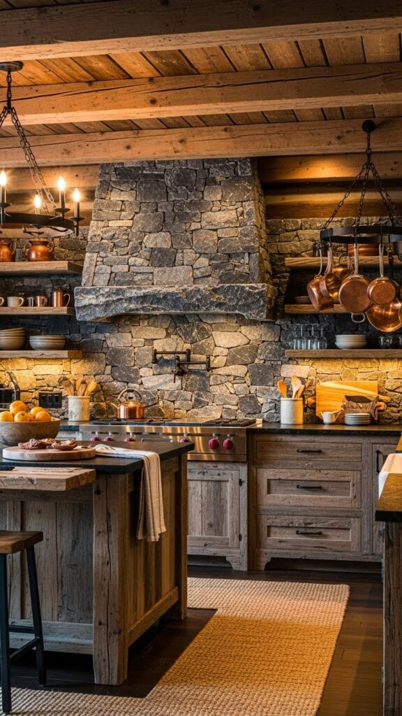 Granite stone backsplash with exposed wood beams