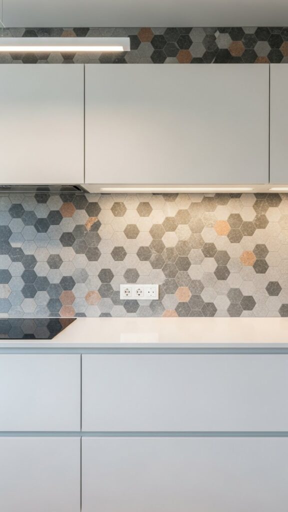 Hexagon stone tile backsplash in mixed neutral tones