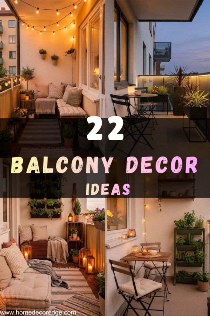 Balcony decor ideas cozy apartment string lights modern bistro boho floor cushions tiny vertical planters