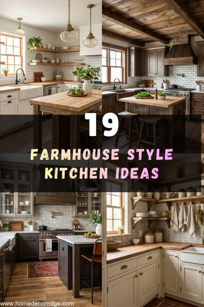 Collage of 4 farmhouse style kitchen images in one frame with no dividers — top left: a bright white farmhouse kitchen with apron front sink open wood shelving butcher block island and vintage pendant lights in warm natural light, top right: a rustic farmhouse kitchen with subway tile backsplash natural wood beams matte black hardware and cozy kitchen island with bar seating, bottom left: a modern farmhouse kitchen with mixed metal finishes glass front cabinets statement range hood and patterned rug on wood flooring, bottom right: a small farmhouse kitchen with open shelving neutral color palette woven pantry baskets and vintage ceramic decor — all images warm beautiful and realistic, no text, seamless collage no borders no dividers, vertical portrait format
