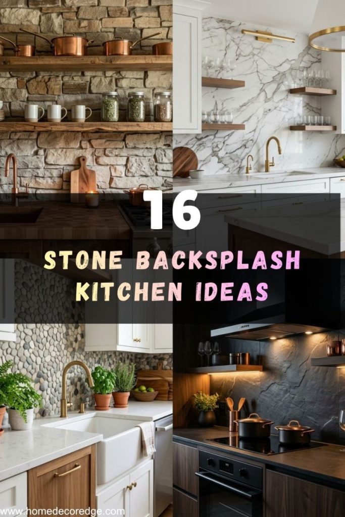 16 stone backsplash ideas for kitchen including rustic stacked stone with wood shelving white marble with gold fixtures pebble mosaic with greenery and dark stone with LED lighting