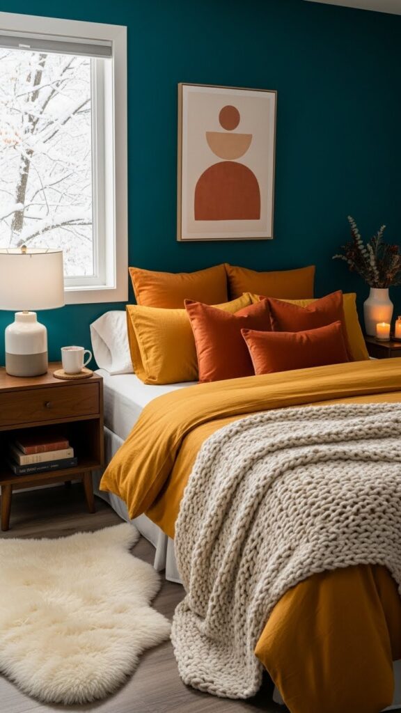 January bedroom decor ideas with bold winter colors