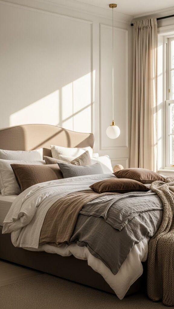 Cream and taupe January color palette for elegant winter bedroom decor