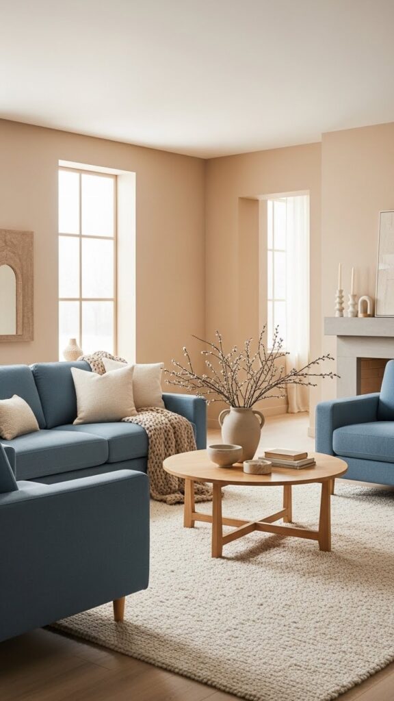 Dusty blue and warm beige January color palette for winter interiors