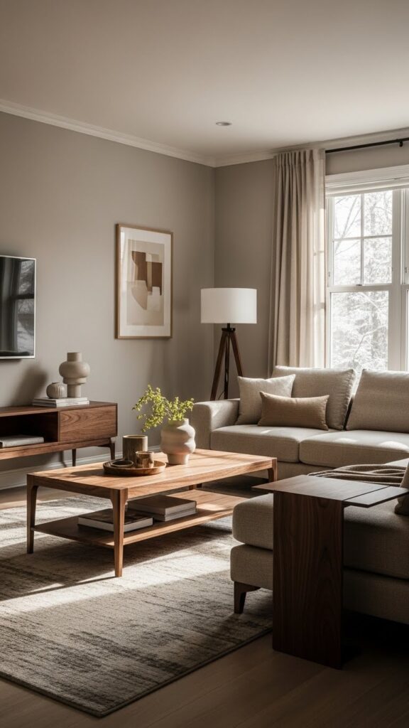 Greige and natural wood January color palette for modern winter homes